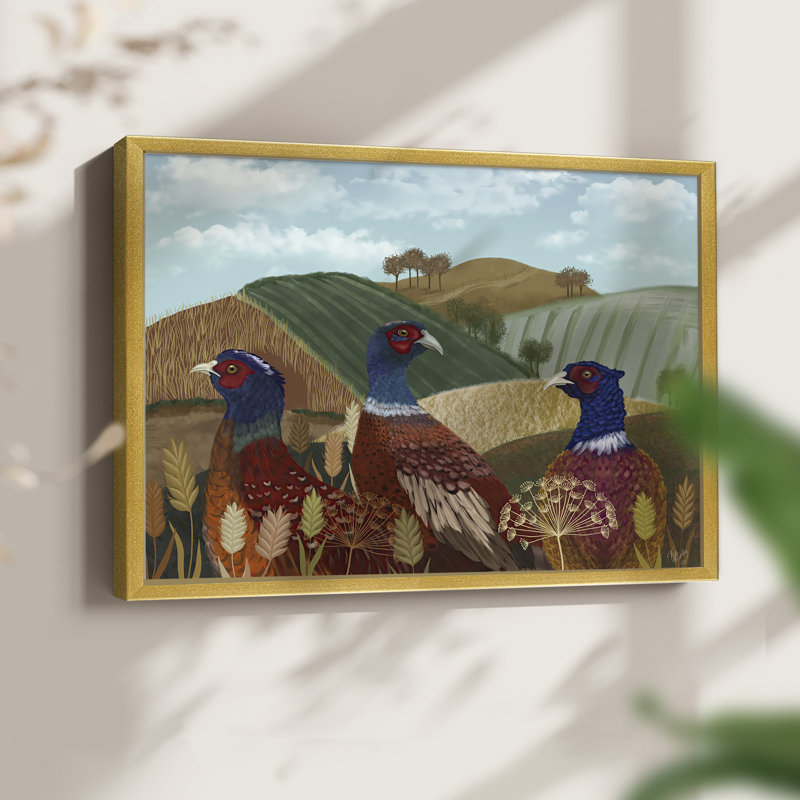Trio de faisans dans un champ - Reproduction encadrée - Restickable, H 11 po x l 14 po, Or