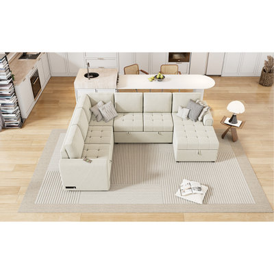 Canapé-lit modulaire en U de 107,5 po avec méridienne escamotable avec rangement et accessoires de chargement pour le salon, beige