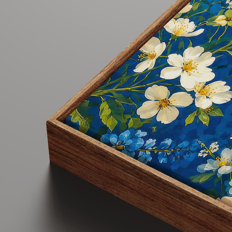 Art mural encadré - Fleurs blanches et jaunes vives sur fond botanique bleu - 16 po x 24 po, 24 po x 36 po, 36" H x 24" W