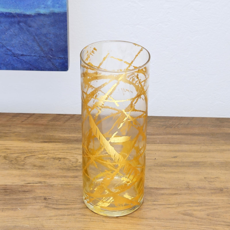 FLORA Solid Gilded Glass Cylinder Vase, Overall Height - 11.75'', Clear/Gold