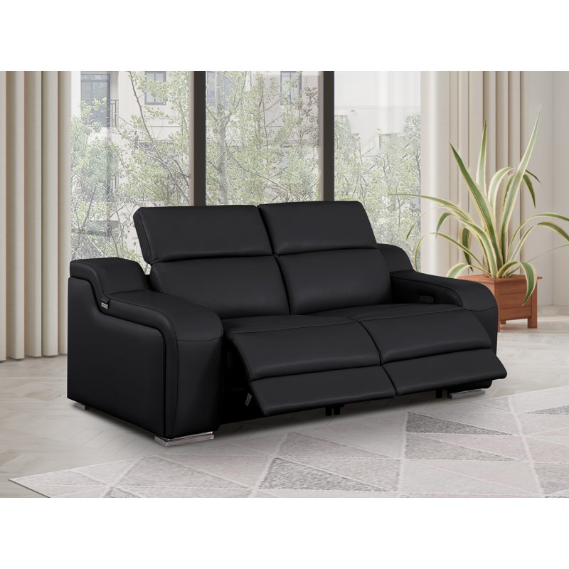 Top Grain Italian Leather Loveseat With Power Headrest, Black