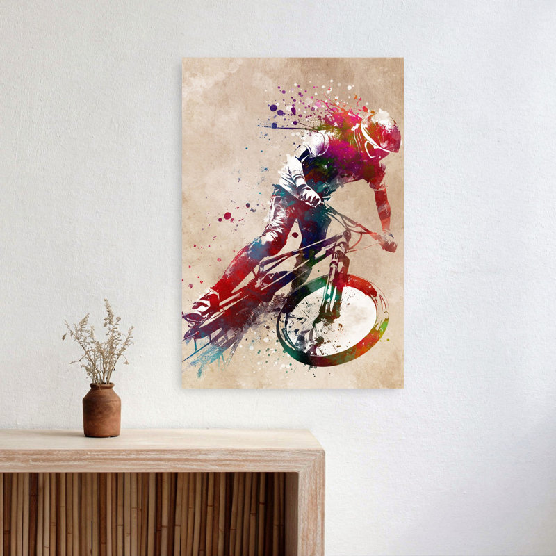 «Vibrant Mountain Biking Action», art mural contemporain, 24" H x 16" W