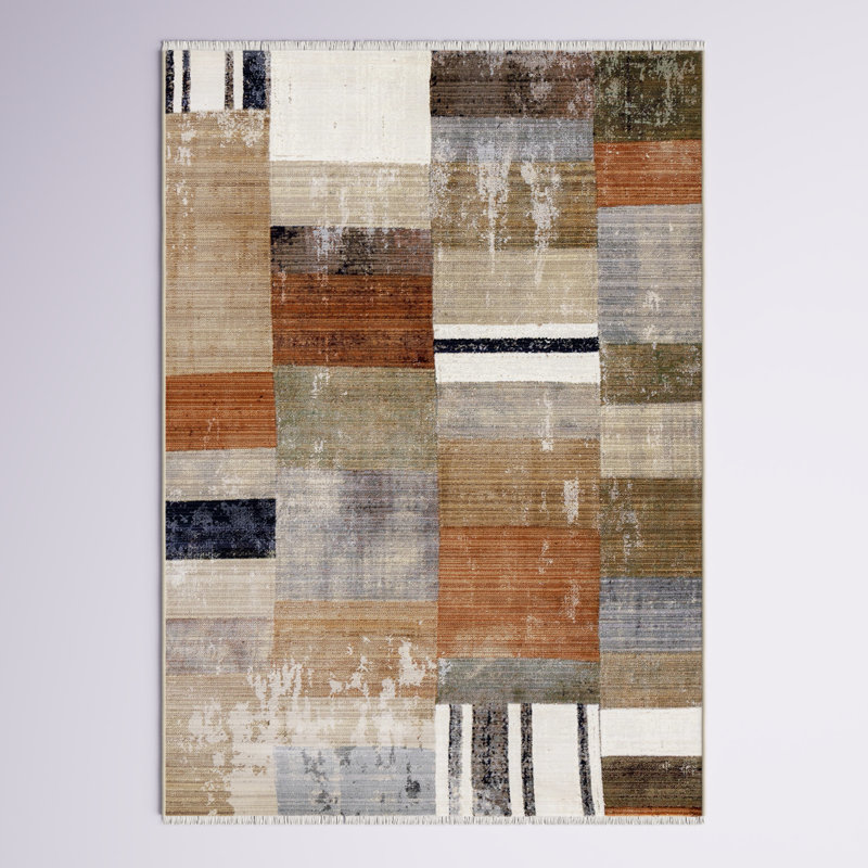Ealey Geometric Patchwork Design Area Rug in Brown/Green/Cream, Rectangle 5'3" x 7'10"
