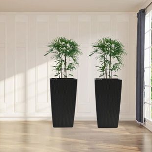 22 Inch Square Faux Rattan Planter With Automatic Watering System For Porch Patio Backyard Set Of 2 Black Flower Pot