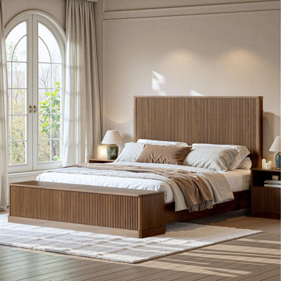 Walnut Fluted King Bed Frame With 52" Tall Headboard & Storage Bench, Wood Platform Bed With 80" Storage Chest, No Box Spring Needed