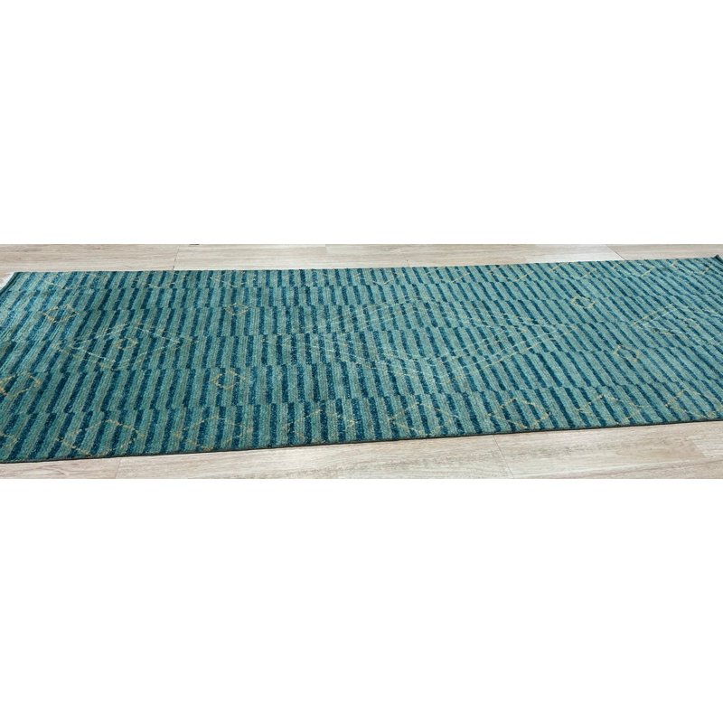 Green Hand-Knotted Wool Striated Emerald Geometric Modern Contemporary Carpet Rug, 4' x 12'