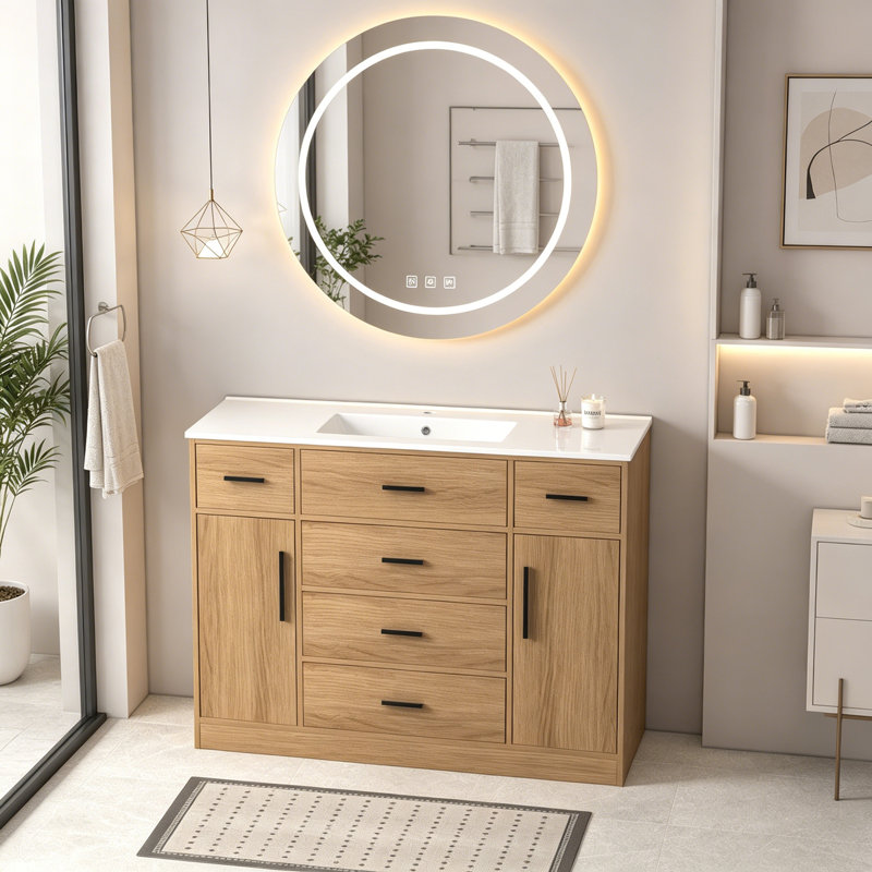 Meuble-lavabo de salle de bain avec 2 portes à fermeture douce et 6 tiroirs, Naturel