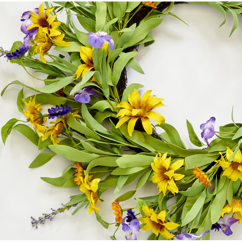 22" Artificial Spring Yellow Purple Flower Wreath