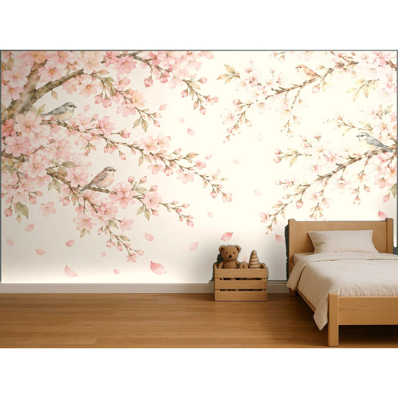 Cherry Blossom Branches Wallpaper Mural, Peel and Stick Kids Room Wall Mural, Watercolor Nursery Wallpaper Made to Measure