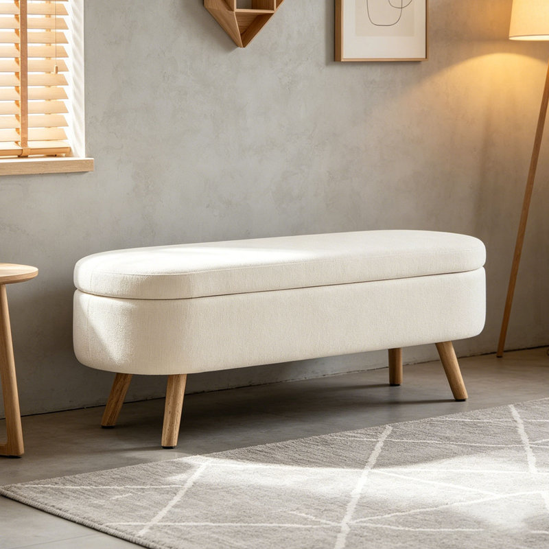 Oval Boucle Storage Ottoman Bench with Wood Legs, Ivory