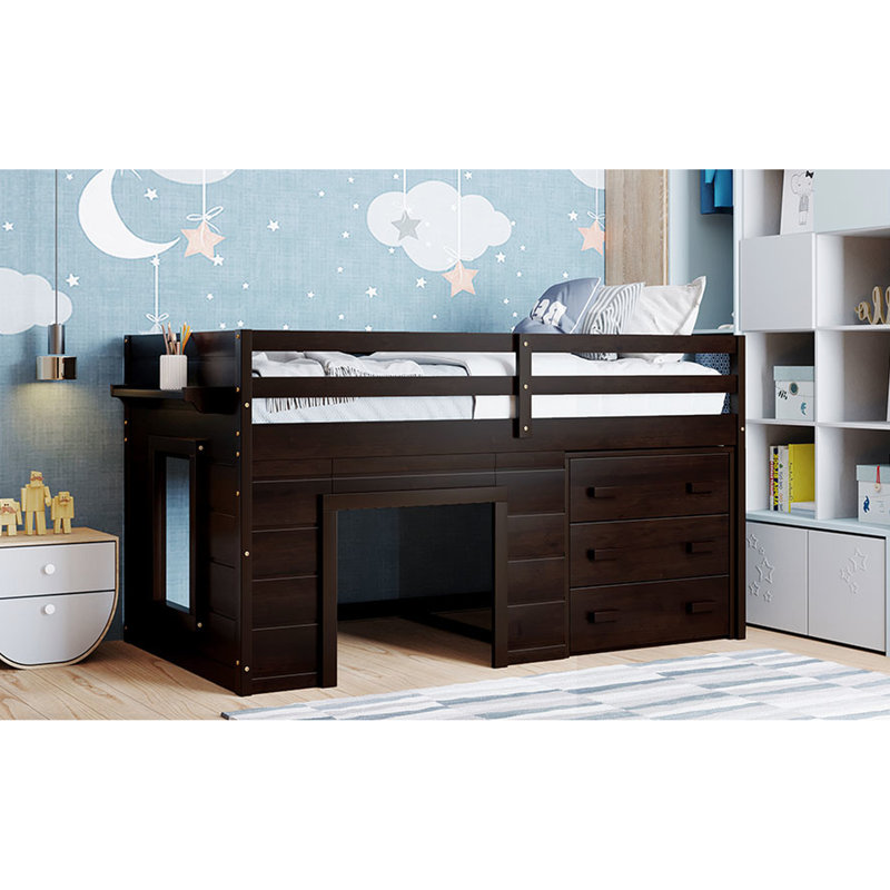 Lit mezzanine Safe Safe avec armoire de rangement fonctionnelle et tablette - coloré - et polyvalent, Espresso