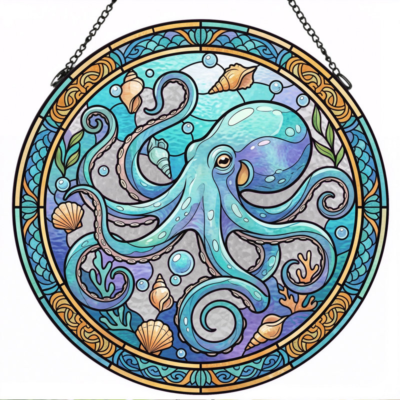 Panneau de vitrail Octopus Art, H 12 po, H 12 po