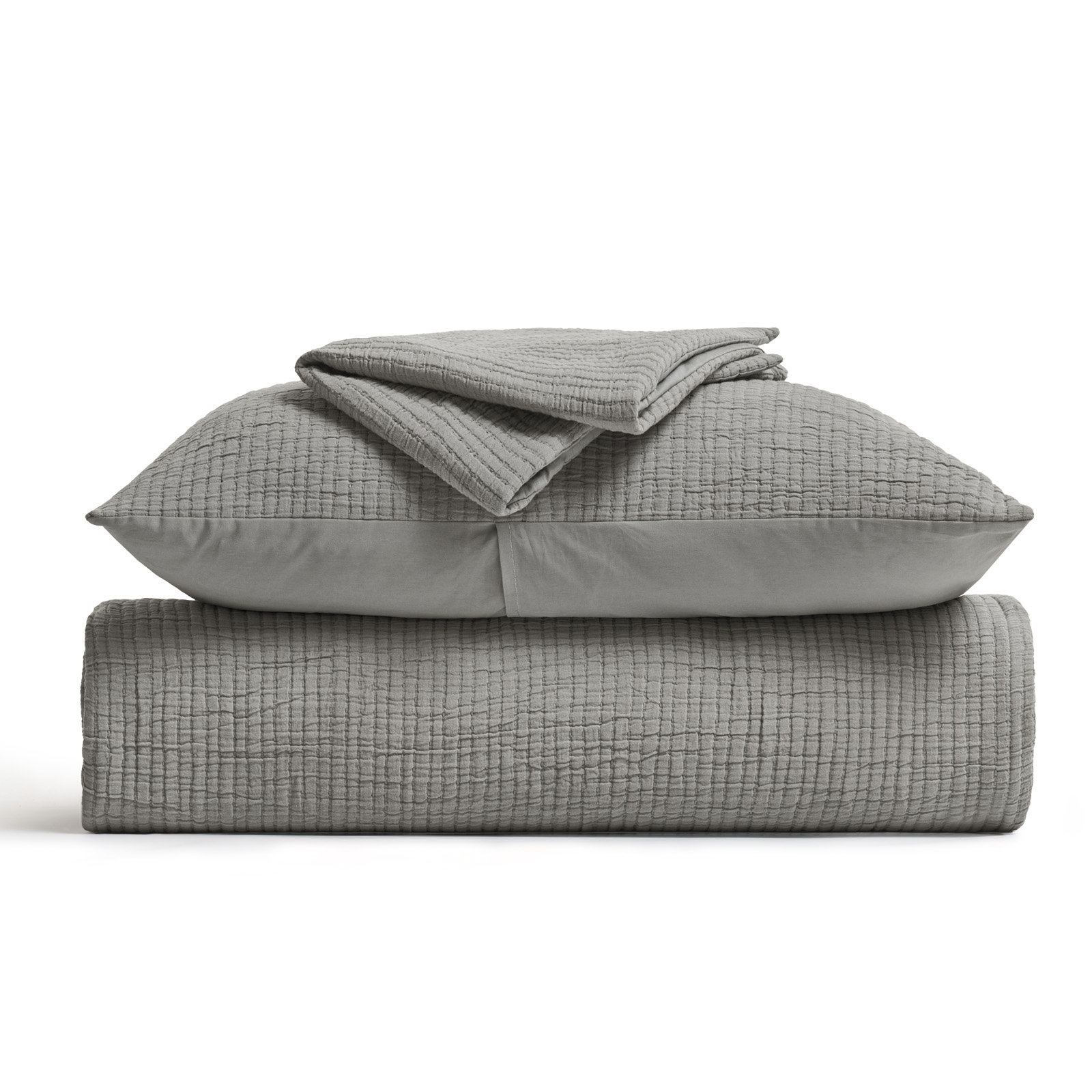 Solid Cotton Gauze Pick-stitch Matelesse Coverlet Bedspread set, Queen Quilt + 2 Queen Shams, Fog Gray