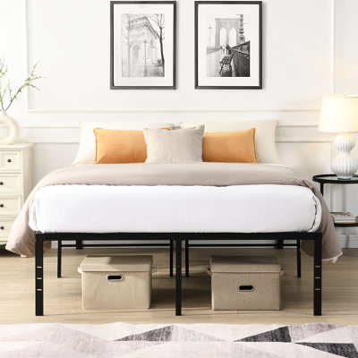 Queen Size Metal Bed Frame, Black Color, Fast Assembly, No Squeaking Or Shaking, 1000 - Pound Support, Uniform Mattress Support From Slats, Under Storage For Tidy Rooms, Holes Ends Heavy Duty Frame