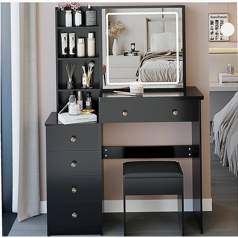37" Middle Size Left Bedside Cabinet Vanity Table + Cushioned Stool, Large Sliding, Touch Control, Tri-color Switching, Brightness Adjust LED Mirror, High Capacity Storage, Suitable for Middle Space