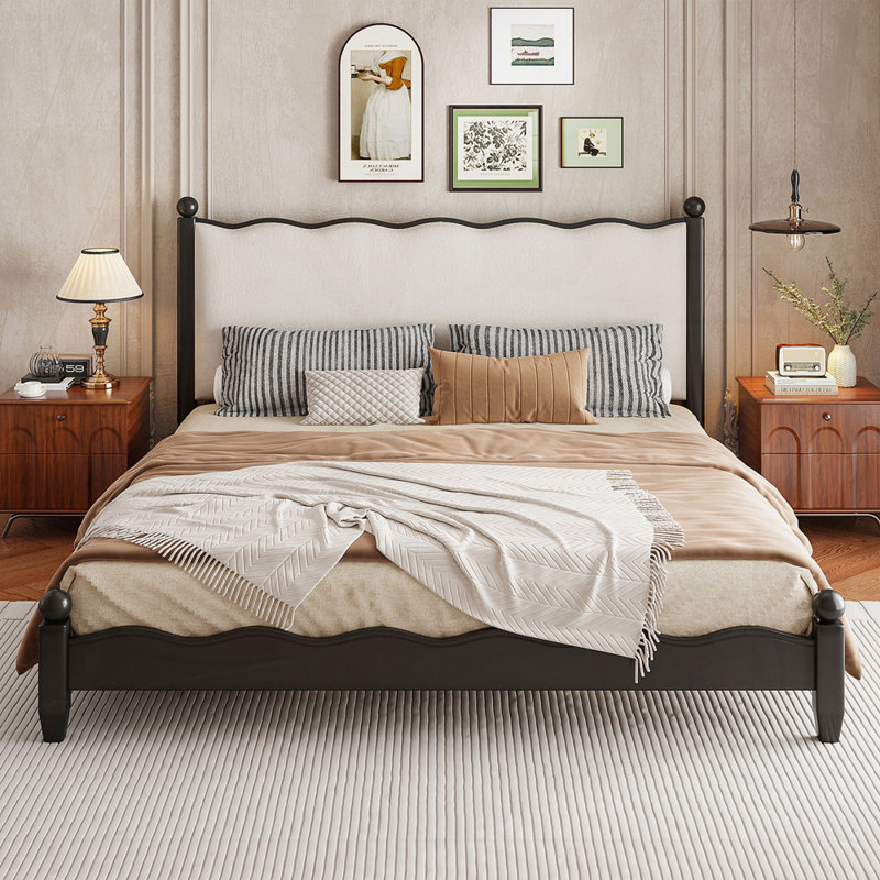 Lit plateforme en bois avec tête de lit tapissier, Black, Grand lit