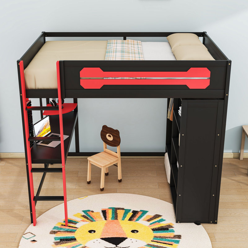 Full Wooden Loft Bed With Wardrobe, LED Strips, USB Ports And Desk, Red