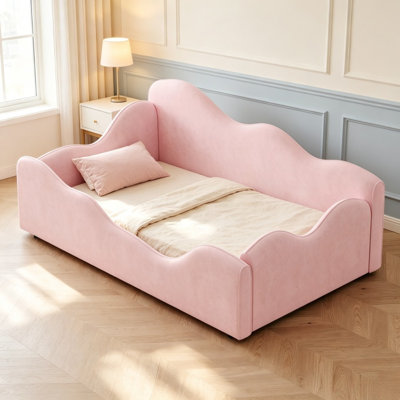 Lit rembourré pour tout-petits avec barrières de sécurité 360 ° - Lit de jour en velours rose pour filles, convient aux matelas standard de 52 po x 28 po, structure en bois robuste, aucun sommier nécessaire, 1-6 ans