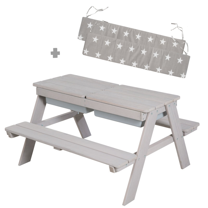 Kids 4 Piece Solid Wood Rectangular and Chair Set and Bench, Grey