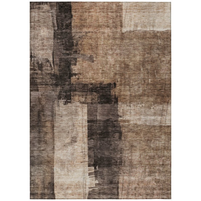 5' X 8' Brown Black And Tan Abstract Washable Indoor Outdoor Area Rug
