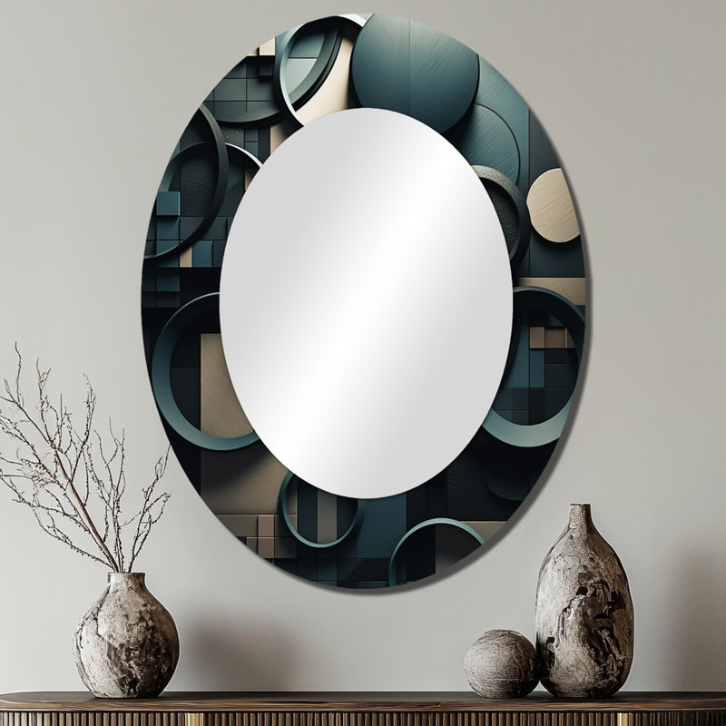 Teal Fragmented Forms - Abstract Oval Decorative Mirror On Metal, 40" x 30"