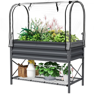 Raised Garden Bed With Greenhouse Cover, Galvanized Steel Planter With Storage Shelf