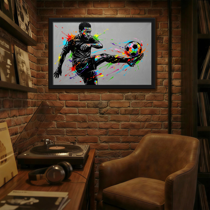 Joueur de soccer coloré en action avec ballon, H 12 po x l 18 po