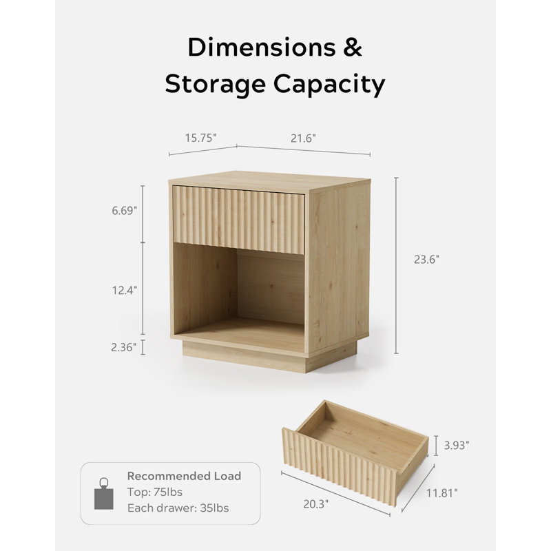 Wooden Nightstand With 1 Drawer & Open Cubby - Compact Bedside Storage, Set of 2, Light Oak