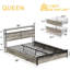 Lit Livia Queen avec 4 tiroirs et tête de lit ouverte avec rangement, lampe DEL réglable et station de recharge, sommier non requis, gris-960648537-975702965