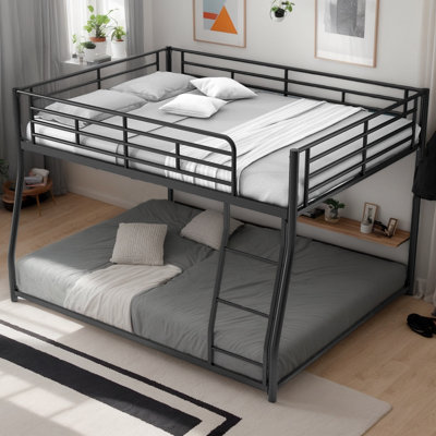 Full Xl Over Queen Bunk Bed, Metal Floor Bunk Beds For Bedroom, No Box Spring Needed, Space-Saving,  Black