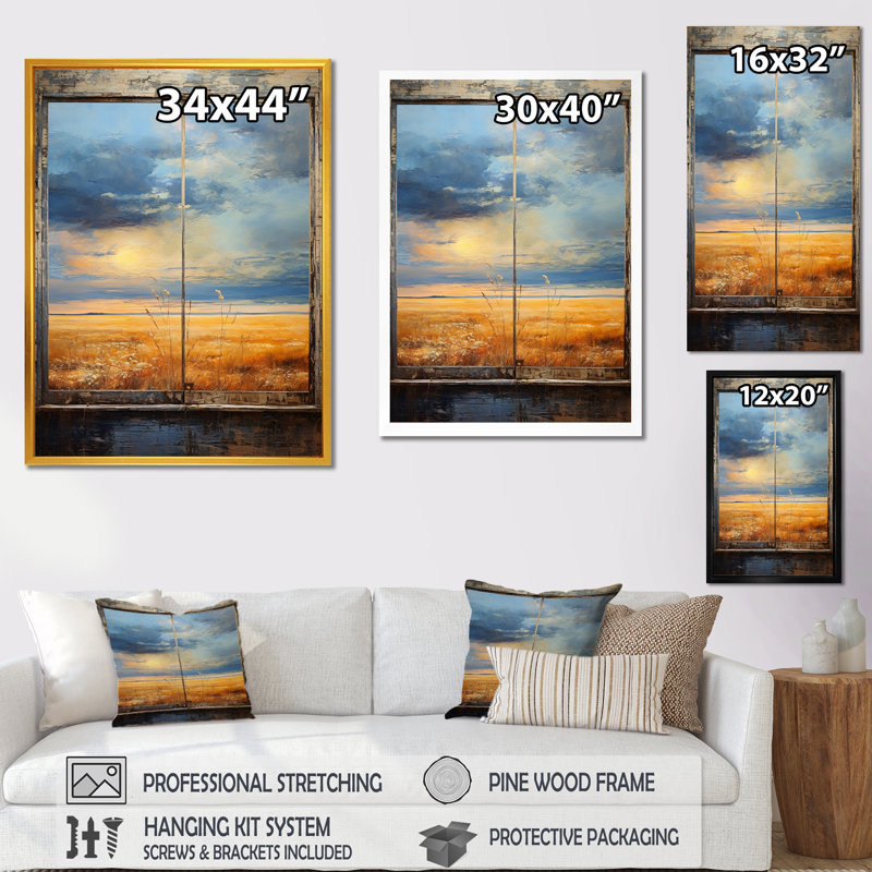 Meadow Horizon Farmhouse Windows II - Art mural de fenêtres de ferme, H 60 po x l 28 po x P 1,5 po, Cadre flottant blanc