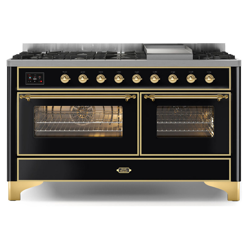 Majestic II 60" 5.02 cu. ft. Freestanding Dual Fuel Range with Griddle, Glossy Black/Brass, Liquid Propane