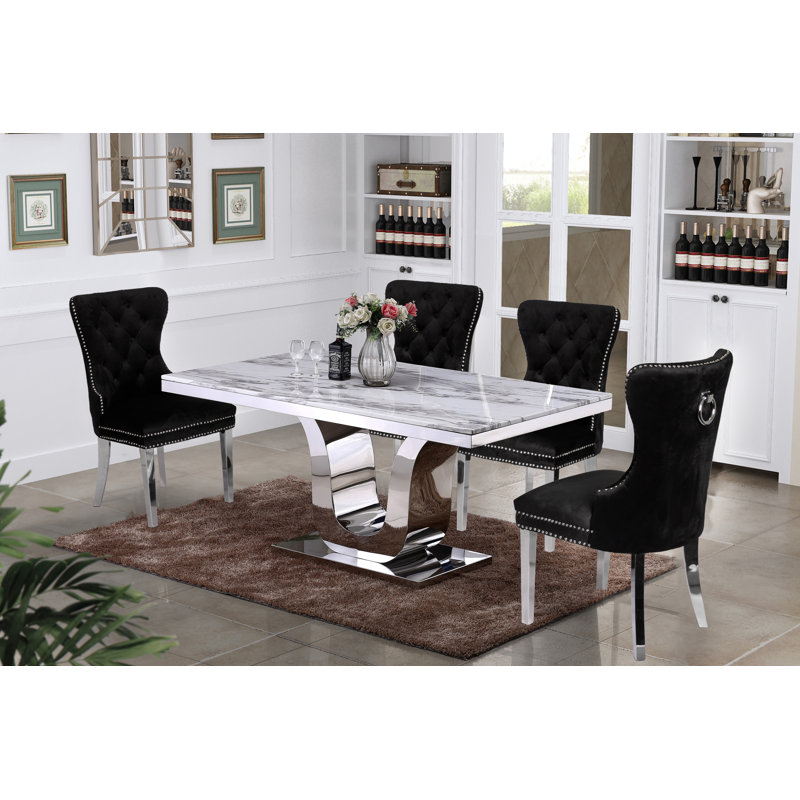 Maciejewski 4 - Person Marble Top Pedestal Dining Set, Black