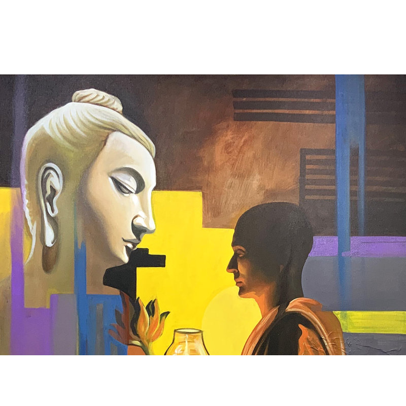 Offrandes au Bouddha | Peinture par Mk Goyal | Technique mixte sur toile