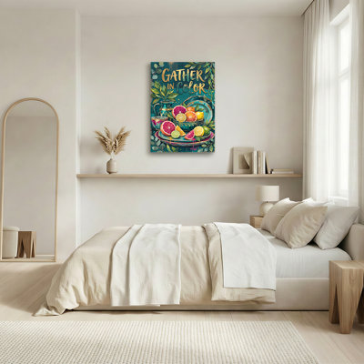 Sliced Citrus Fruits and Gold Text on Teal Background Canvas Wall Art