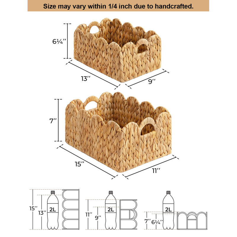 Handwoven Water Hyacinth Storage Baskets With Scalloped Edges, Built-In Handles - Set Of 2