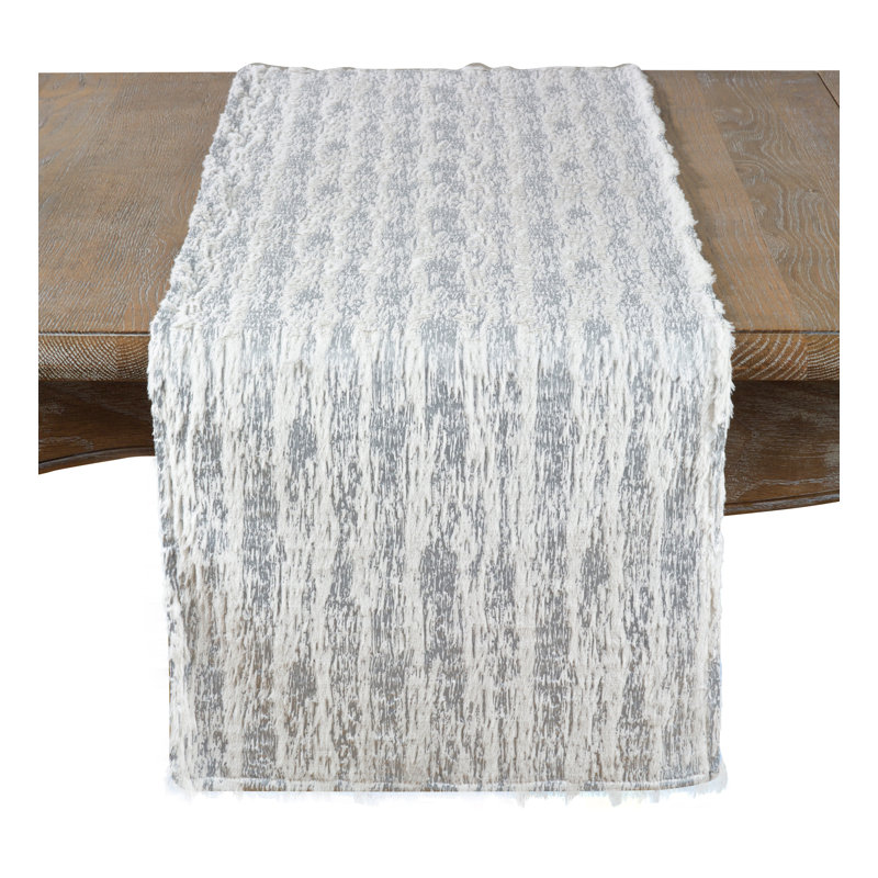 Tarrytown Textured Faux Fur with Brushed Metallic Foil Print Table Runner, Silver, 108" x 16"
