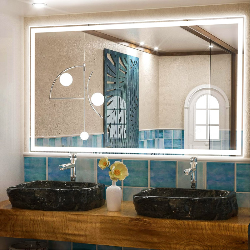 Miroirs de salle de bain à DEL sans cadre Ikeria avec antibuée, lumières à intensité variable et incassable, 48 po x 28 po