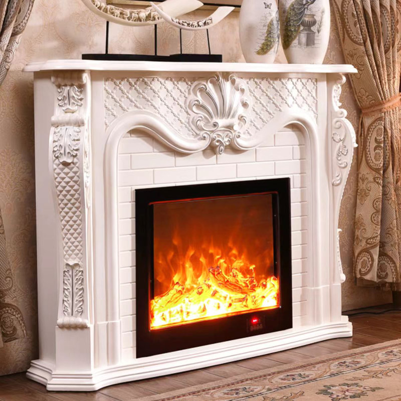 European-style luxury carved fireplace with solid wood, White, 45.67" H x 59.06" W x 12.99" D