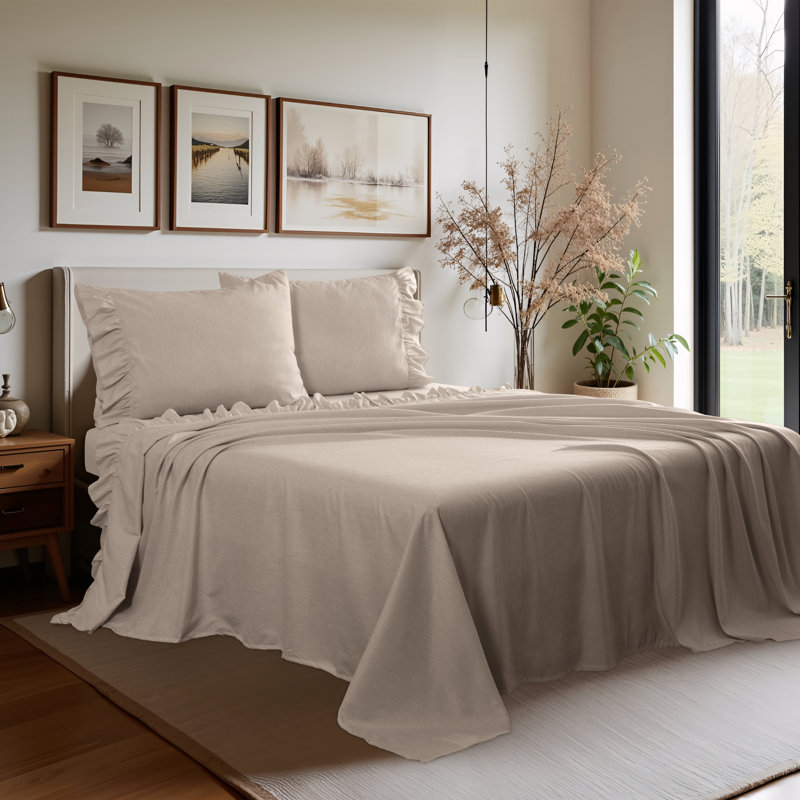 Shabby Chic Printed Pin Stripe Sheet Set, Taupe, Queen