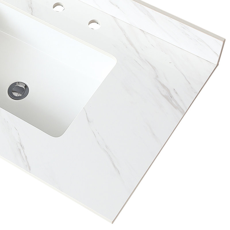Comptoir de meuble-lavabo en pierre frittée blanche 37 po - lavabo central rectangulaire, dosseret de 4 po, trou de robinet pré-percé, attrayante et durable