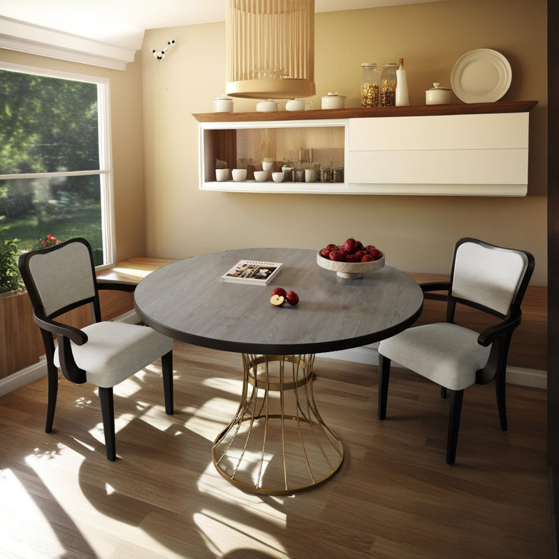 Premium Dining Set - Hardwood Table with Iron Base & Upholstered Chairs (3-Piece), Black, Black/Beige, Gold