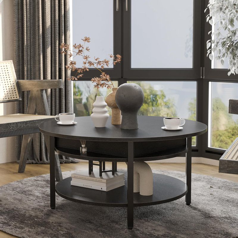 Black Round Wood Lift-Top Coffee Table with Storage