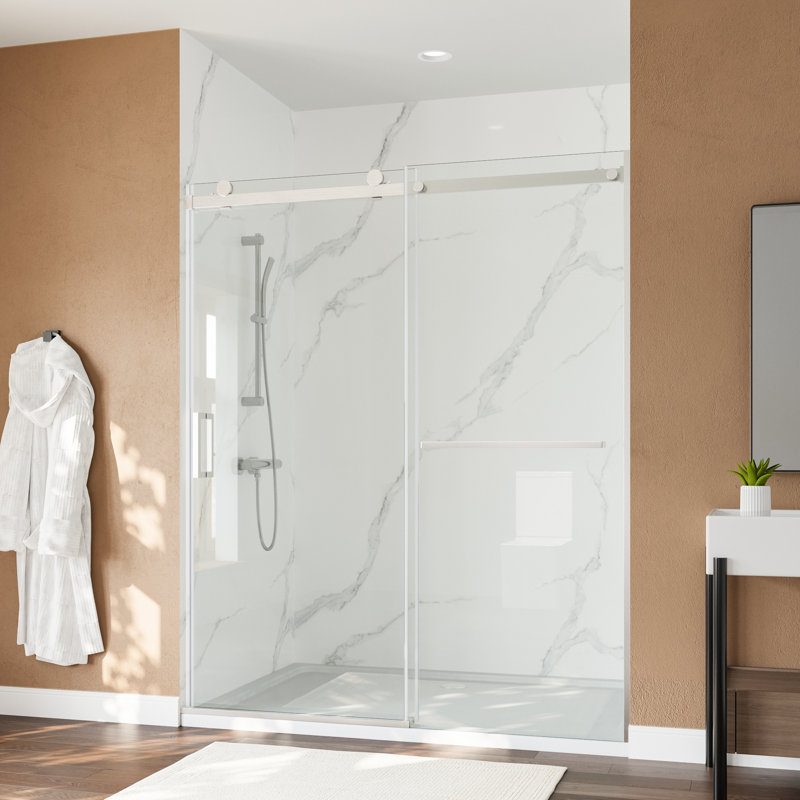 56" - 60" W X 72" H Single Sliding Semi-Frameless Shower Door With Clear Tempered  Glass, Brushed Nickel