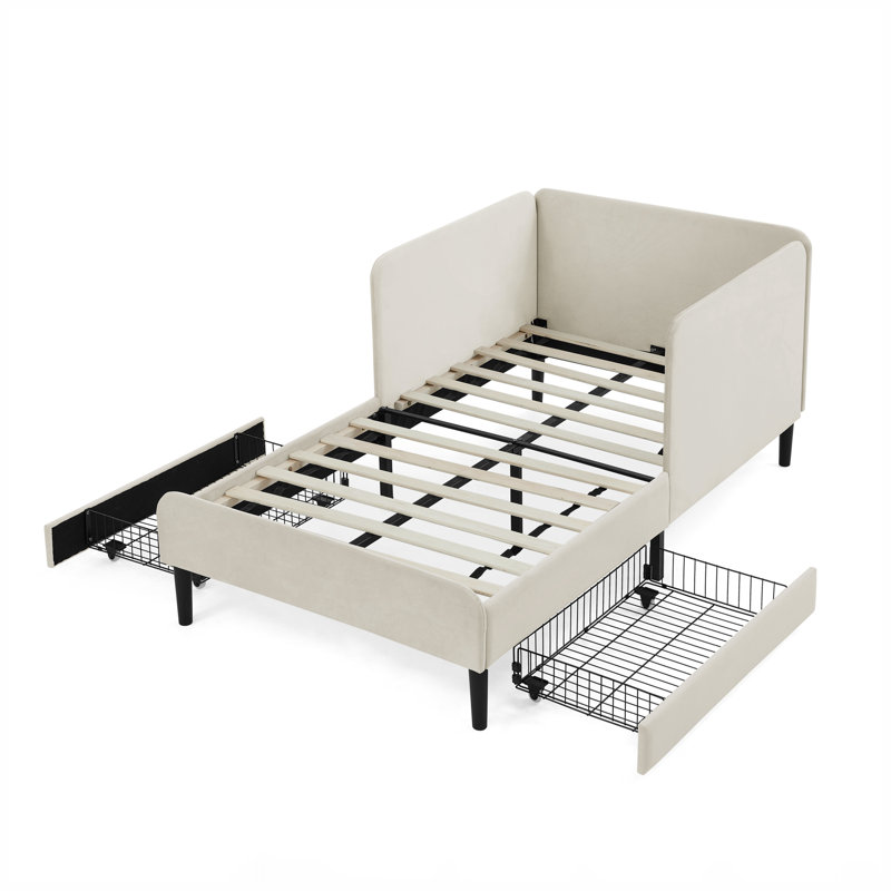 Structure de lit simple tapissier avec 2 tiroirs de rangement, Beige, Lit simple