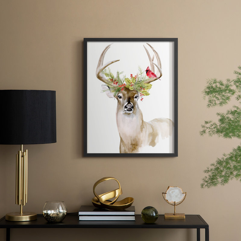 «Holiday Deer I», reproduction encadrée - bois massif, Noir, noir, noir, noir, H 15 po x l 12 po