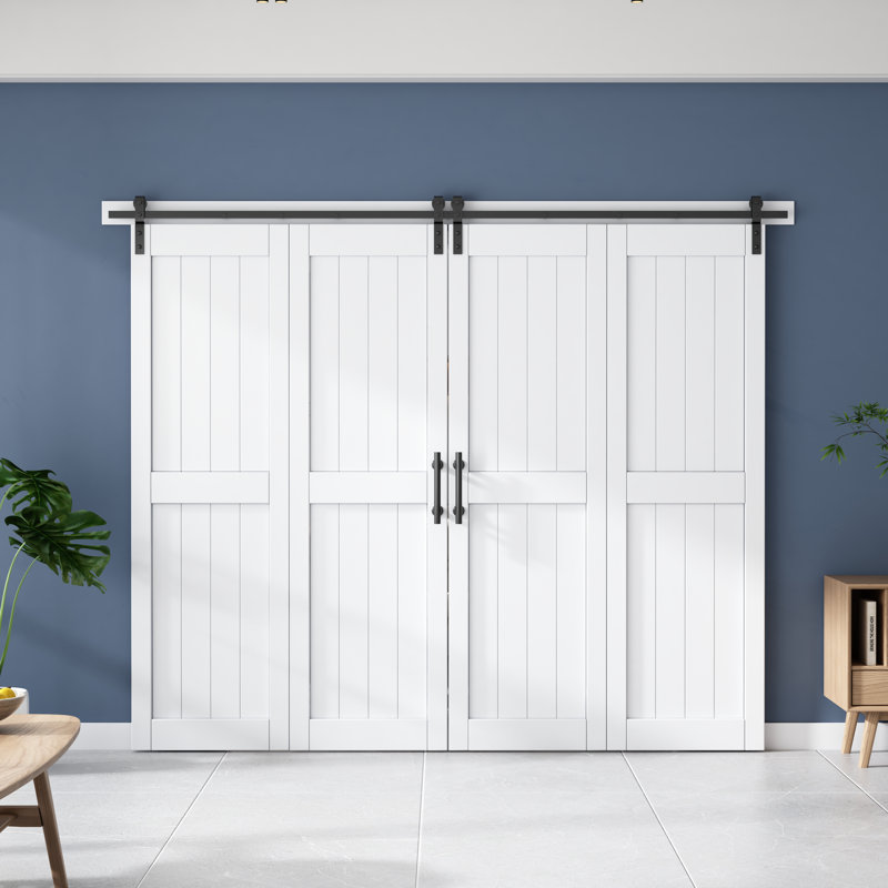 Porte de grange pliante en panneau de fibres à densité moyenne H 84 po avec quincaillerie assemblée, recouverte d'une surface en PVC