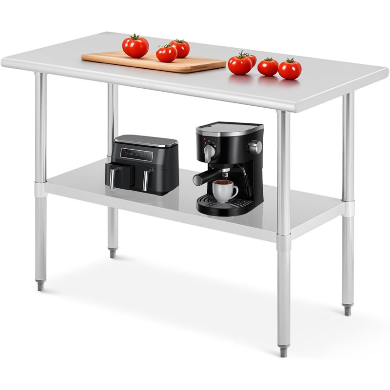 Table robuste en acier inoxydable, table de préparation de cuisine certifiée NSF avec tablette réglable, capacité de 430 + 260 lb, résistante à la rouille et facile à nettoyer pour un usage commercial et domestique