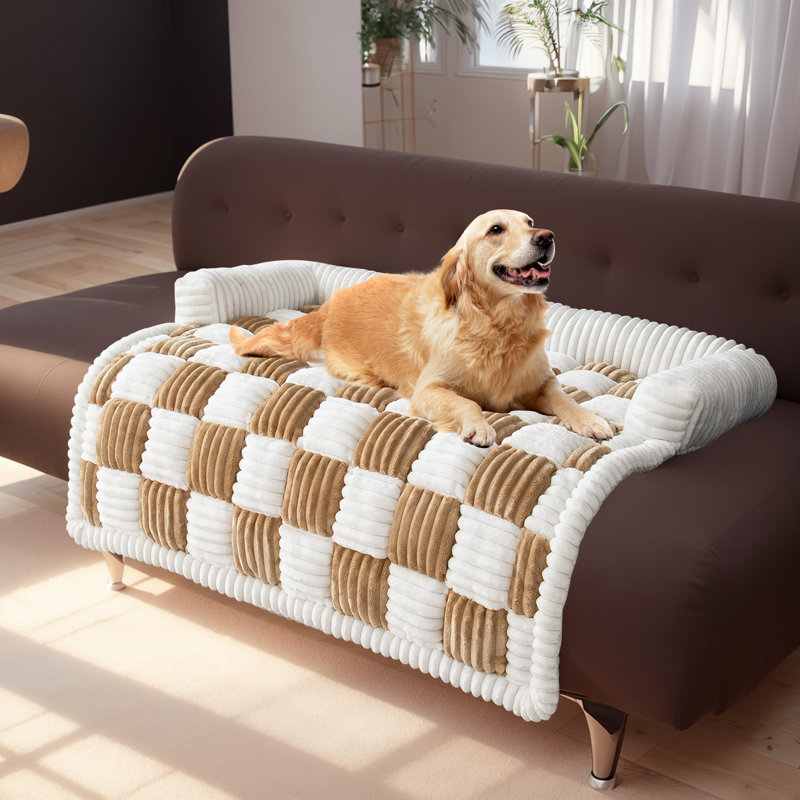 Coussin pour chien en peluche à carreaux, coussin de canapé antidérapant pour chien et protecteur de meubles, Kaki pâle