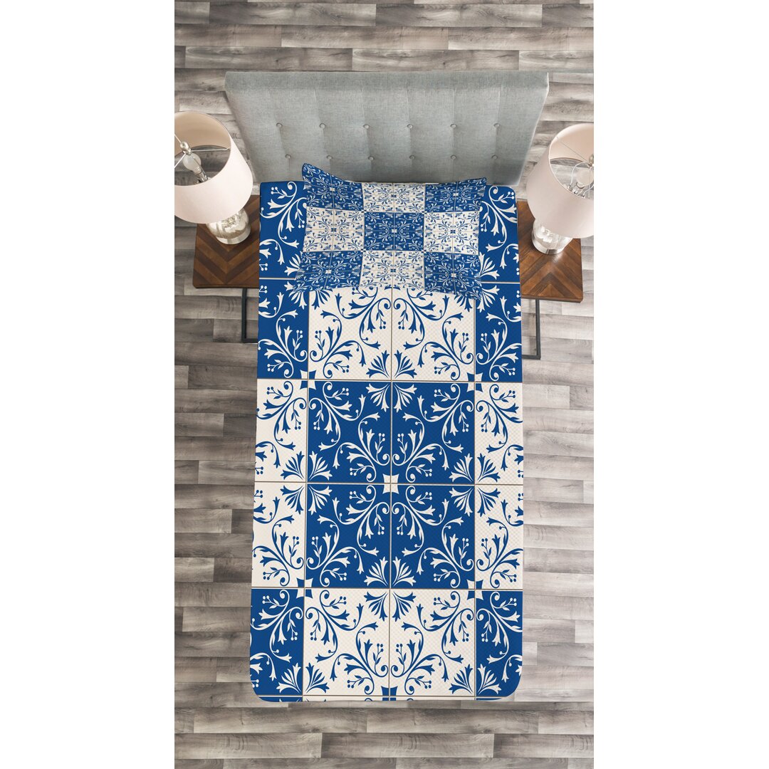 Gestepptes Bettdecken-Set, Portugiesisch Mosaic, Navy White, Marineblau Weiß